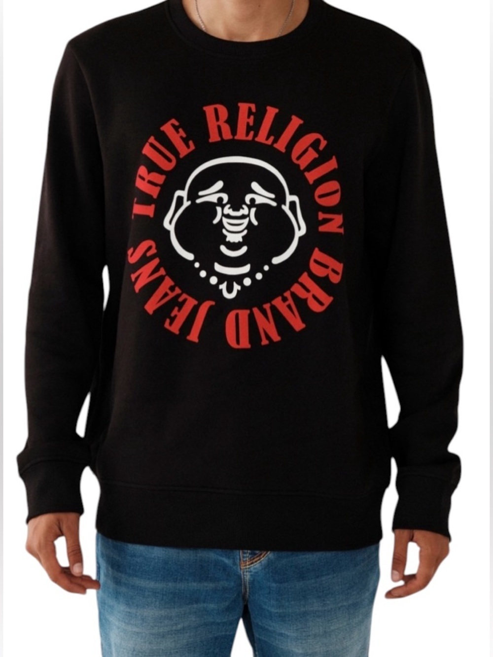True Religion Black Crewneck with Red and White Logo